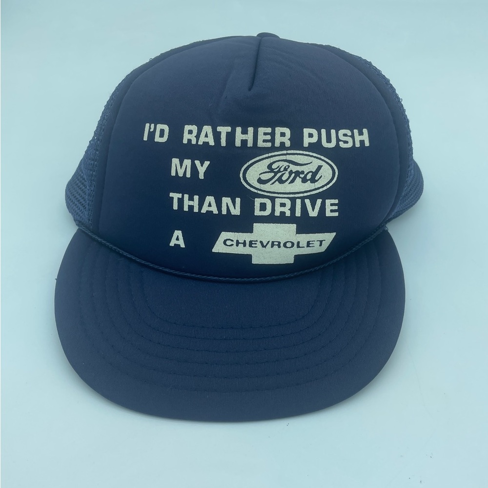 Vintage Snapback Trucker Hat Cap I'D RATHER PUSH MY FORD THAN DRIVE A CHEVROLET